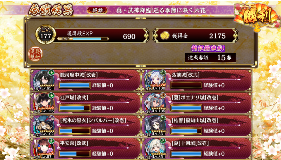 駿河府中城の可能性を探ってたらそのまま行ってもうた、多賀がついに外れたのと気づいたら水一人もいなかった…黒シバのキャラパワーごり押しなんだけど繋いだ駿河府中もよかった