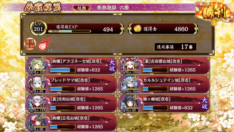 アドバイスありがとうございました!試行錯誤続けるうちに迷走した感がありますが、最後はレアの暴力で解決。脳の容量がいっぱいいっぱいだったのであえて1人減らして操作量を減らし、利家は裏佐和山と下の人のおかげで愛縁鞭改を使って射程を抑え、プレッドヤマで動きを封じている間に裏吉田郡山の特殊攻撃と裏佐和山の砲撃でボコにしました。二度とやりたくねぇと思ったのにスクショとり逃したので、再クリア。