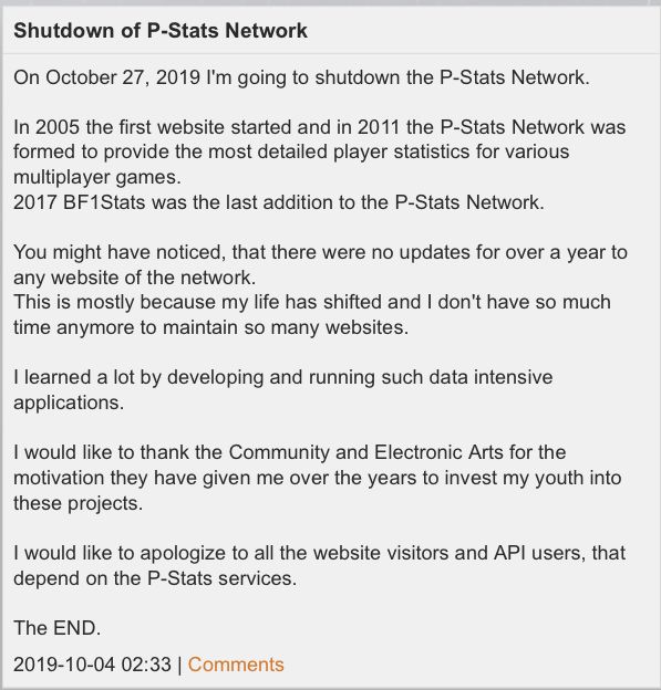 ありゃ、プレイ人口見れる P-status 閉鎖しちゃうのか？…といってもSWBF status 自体はあるのに一覧に追加されてないしBFBC2 status はバグってて人口見れなかったりでガバガバだったなあ。