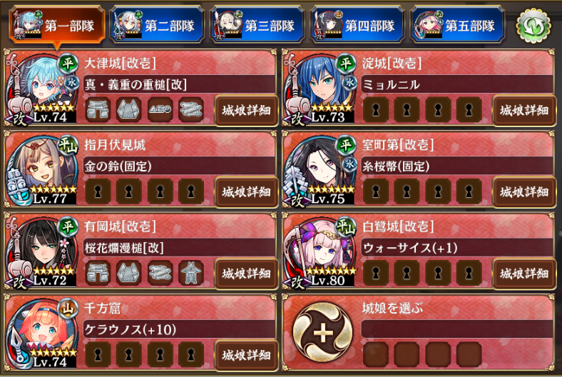 始めて一年未満の殿ですが、どうにか月次任務の近畿縛りをクリアできました。編成を練るためにお試しで行ってみて、試行錯誤してたら７人なのに行けました。４人くらい大破したけど。やはり白鷺城のおかげです。いなかったら諦めてたレベル。これ先月よりも先々月よりもキツイでしょ……