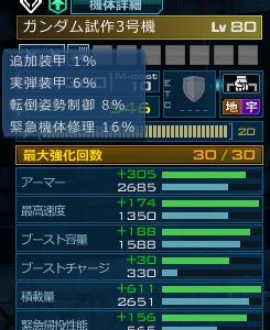 3号機「追加装甲 1%」「実弾装甲 6%」「転倒姿勢制御 8%」「緊急機体修理 16%」