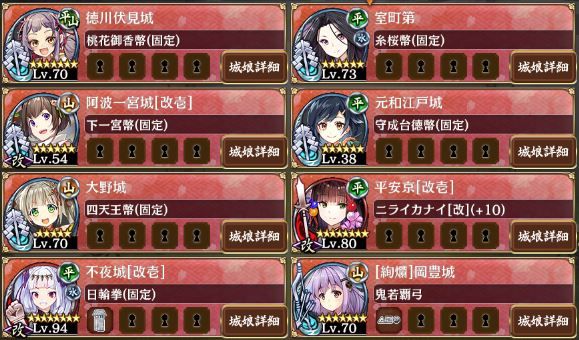 武神:難に串パーティーで挑んでみた、攻撃1.7倍とマルチロックバラまいて殲滅する姿を期待してたが、ぜんぜん思惑とは違った。最初は寛永江戸入れてたんですが、どうしても狐の通過を許してしまうので盾入れて足止めして対処を試みるが串の弾幕浴びせても倒しきれず5回アップグレード狐砲にやられて不夜に変更。結局何が言いたいかというと、回復量が上がって生存率はあがって殲滅力はまあまあ。中ボスクラスは倒せない。回復役には名古屋いるし、、、なぜ実装したのか、、改築に期待(計略が連続攻撃のようになるといいなあ)