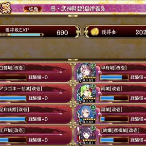 アラゴネに竜、シャンボあたりを試して序盤無理だったので三戦功あきらめ二戦功(さす江戸)。島津は白露で処理。島津後の狐処理終わって油断してたら甲府が鯨にひき殺された。