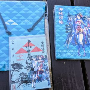 買うてきた。御城印帳が初見だと布への印刷もあってややボケ感を感じるかも、ちょっと印象よくない?見慣れれば多分気にならない位とは思う。中身は御城印の紙を差し込んで保管するような紙とビニールの書類袋的な?奴。印帳袋は、高さはペットボトル位の袋でキャラ絵もないから何かしら入れる袋としては重宝かも。キャラ絵御城印は日付を自分で入れて記念品とせよ。という感じね。