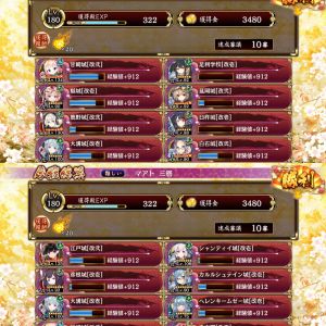 こちらも参考になるかわかりませんが、マアト二層と三層の10審議の編成です。二層は元レア☆5以下(但し改弐あり)で編成しました。足利学校がCT短縮係で鹿野改弐と臼杵は気稼ぎ係。延岡と白石が対妖怪。甘崎改弐と鼎城は中央の蔵の左側通路の雑魚散らしで、甘崎改弐は最後の対力士用でもあります。三層は元レア☆5以下だとしんどかったので☆7以下恒常で編成。江戸改弐は対右側大砲。甘崎改弐は殿前のワープ前配置です。陣貝ですが☆5なら大溝か下館がオススメです。マアト二層なら下館の方がいいかもです。陣貝は自動巨大化で配置してるとバフばら撒いてくれるので便利です。